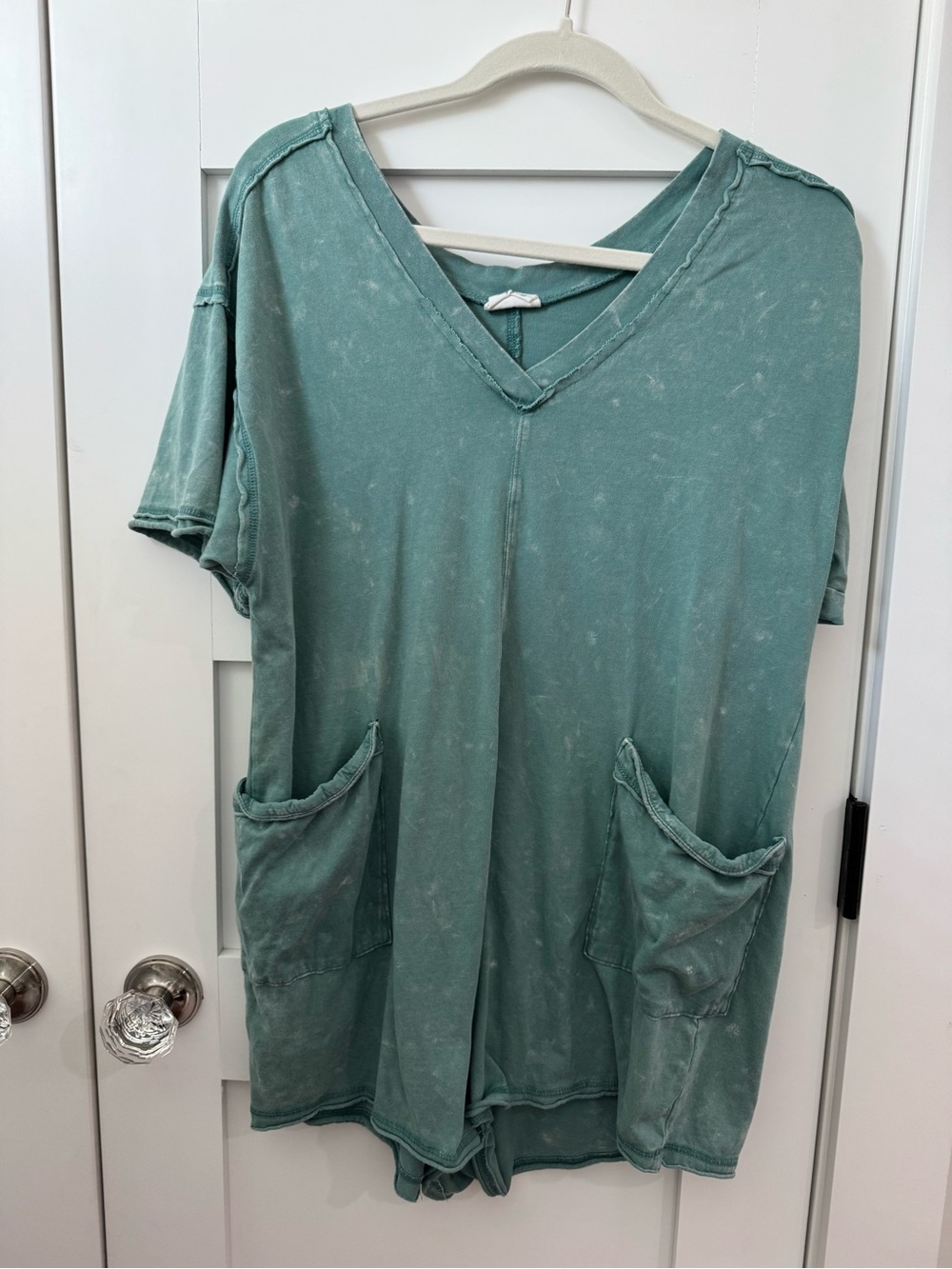New In Women’s Washed Teal V-Neck Pocket Romper size S